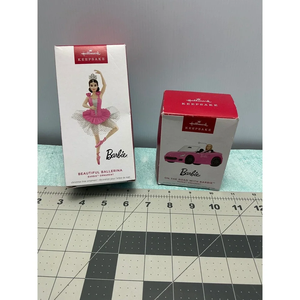 Hallmark Keepsake Barbie Ornaments 2017 Ballerina & 2018 Pink Convertible Set